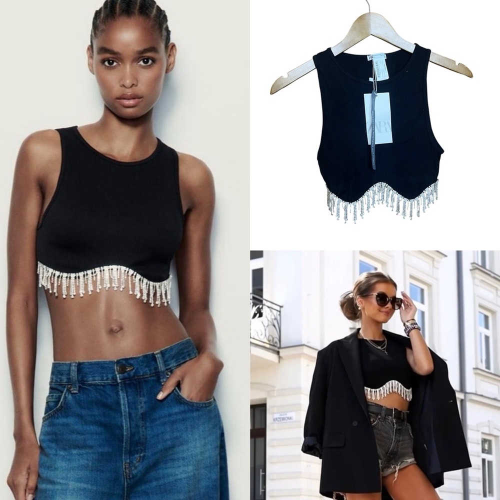 NWT Zara Seamless Black Crop Top XS Rhinestone Silver Fringe Sparkle Glam NYE